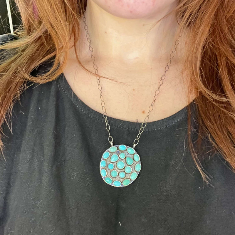 Round Cluster Authentic Kingman Turquoise Sterling Silver Necklace - Country Lace Boutique