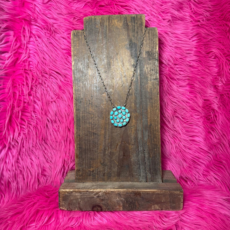 Round Cluster Authentic Kingman Turquoise Sterling Silver Necklace - Country Lace Boutique