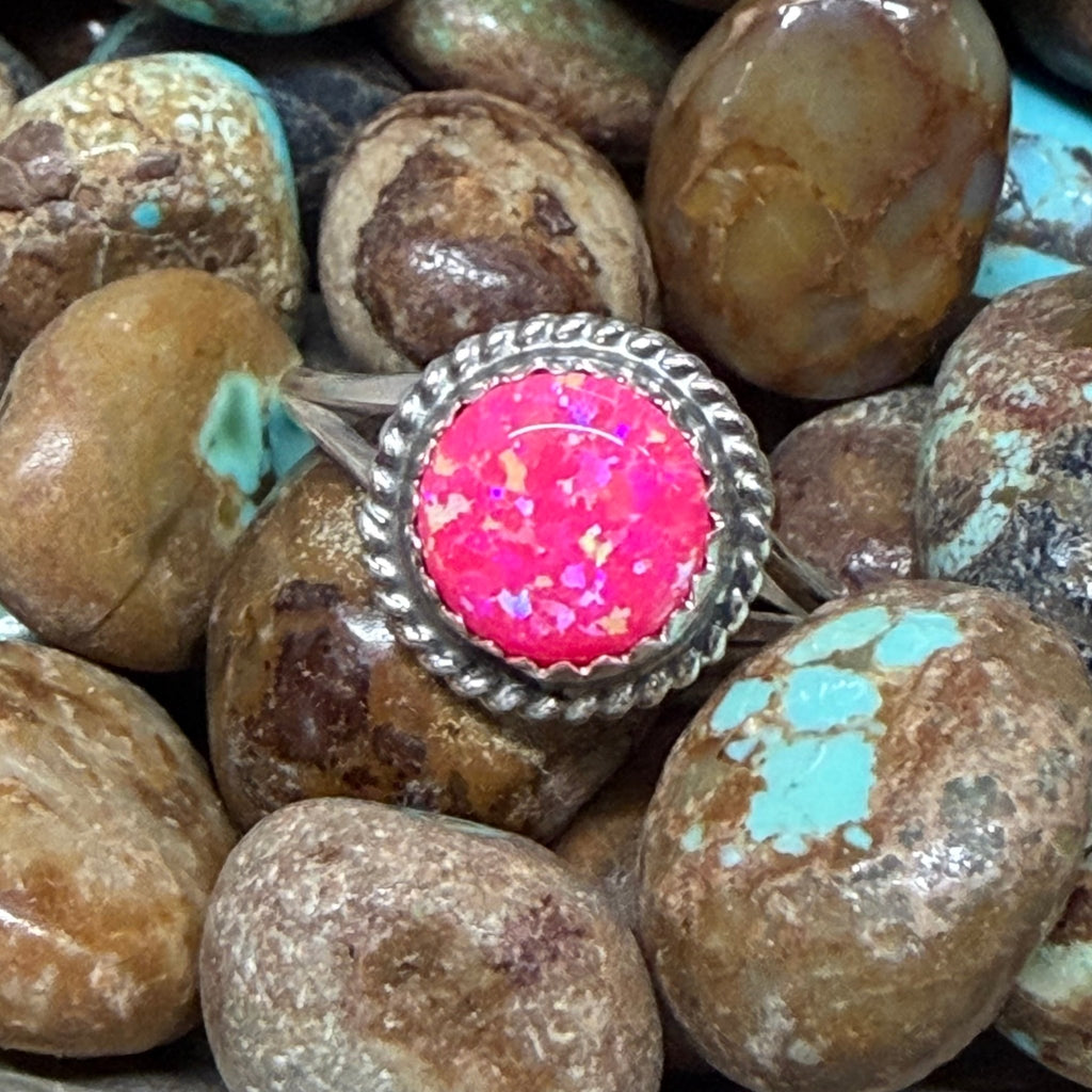 Round Hot Pink Opal with Rope Detail Sterling Silver Ring - Country Lace Boutique
