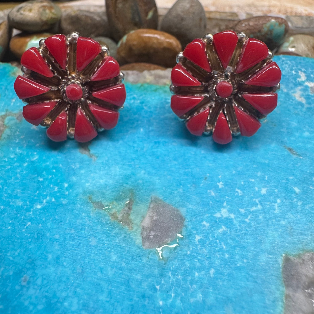 Round Red Coral Cluster Post Sterling Silver Earring - Country Lace Boutique
