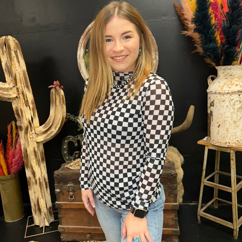 Round The Track Black Checkered Mesh Long sleeve Top - Country Lace Boutique
