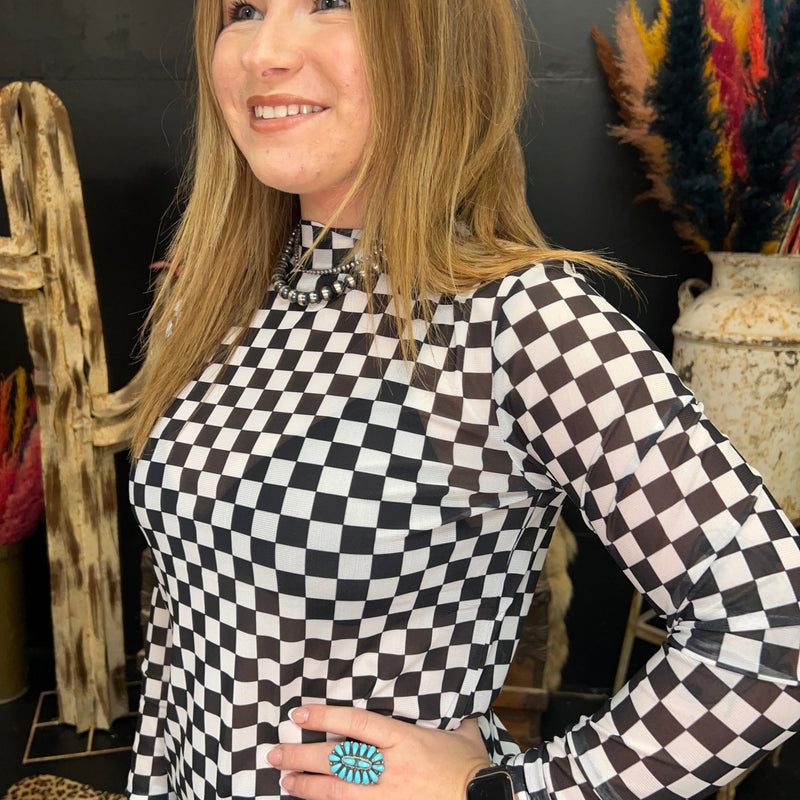 Round The Track Black Checkered Mesh Long sleeve Top - Country Lace Boutique