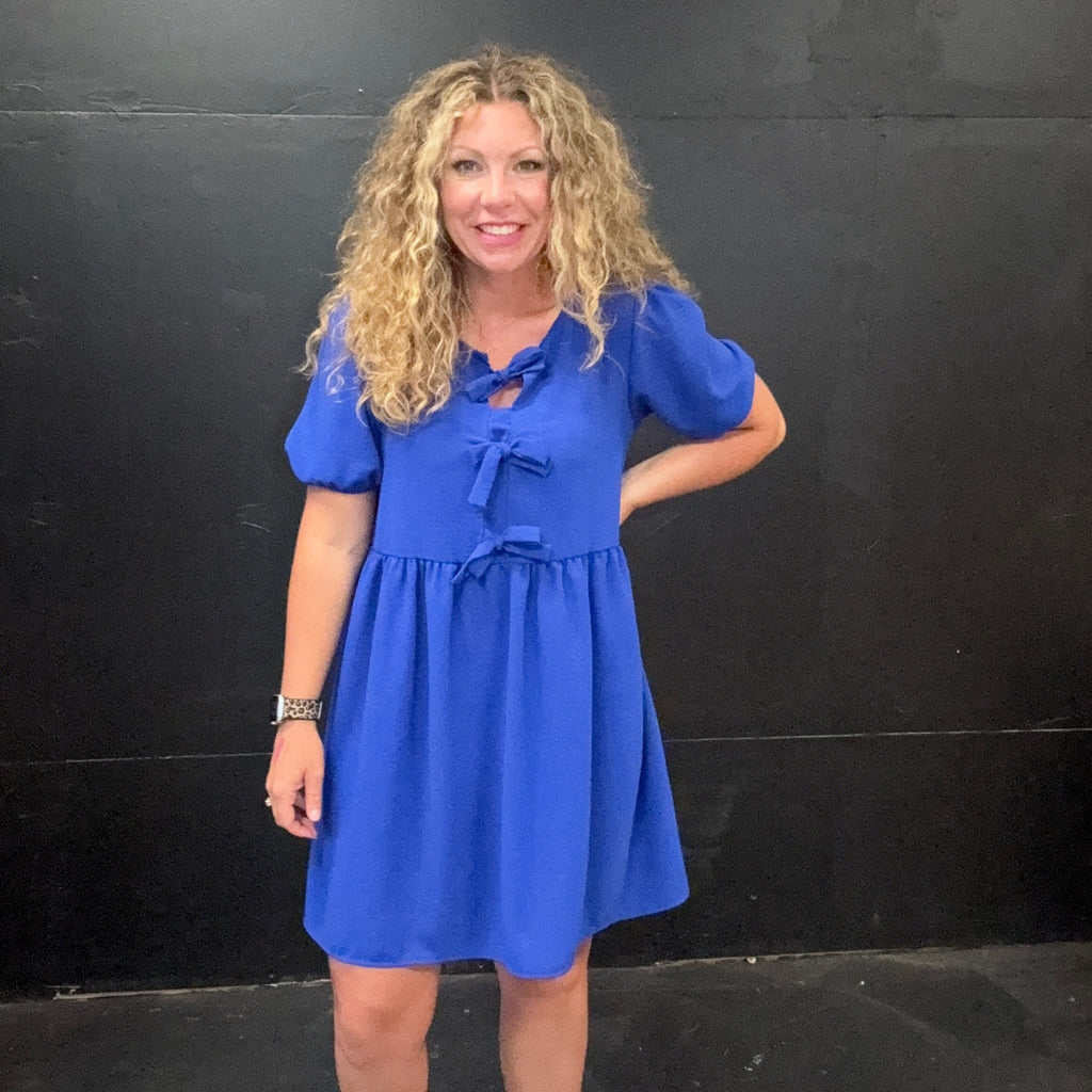 Royal Blue Bubble Sleeve Tie Front Knee Length Dress - Country Lace Boutique