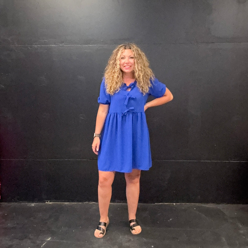 Royal Blue Bubble Sleeve Tie Front Knee Length Dress - Country Lace Boutique
