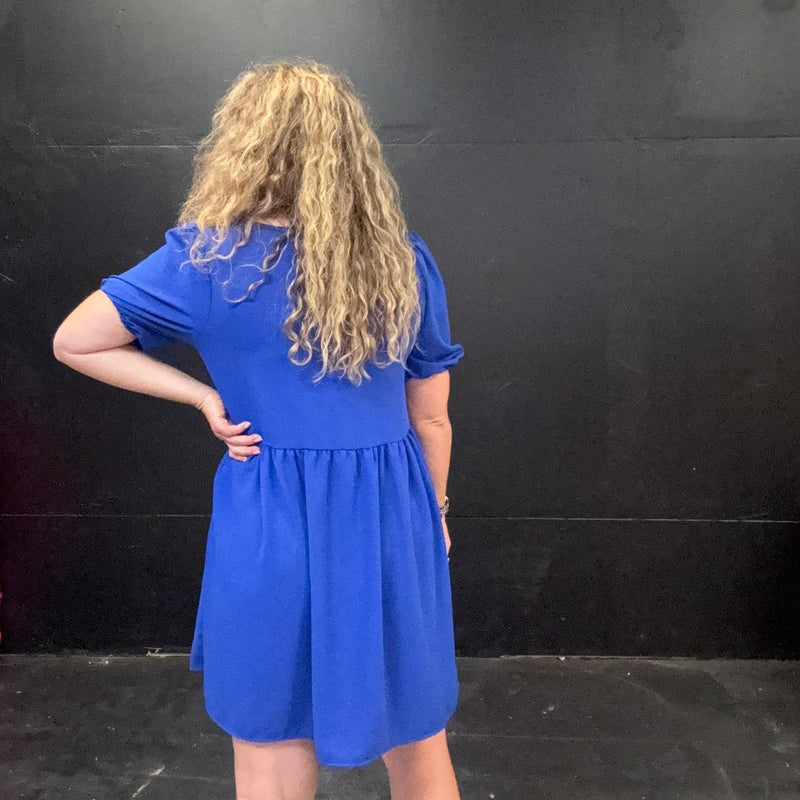 Royal Blue Bubble Sleeve Tie Front Knee Length Dress - Country Lace Boutique