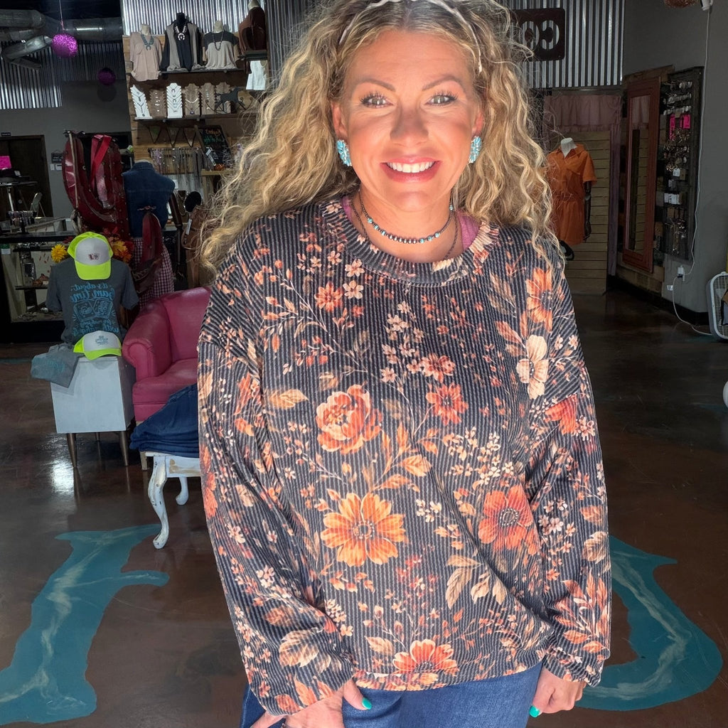 Rust Floral Blossom Ribbed Long Sleeve Shirt - Country Lace Boutique