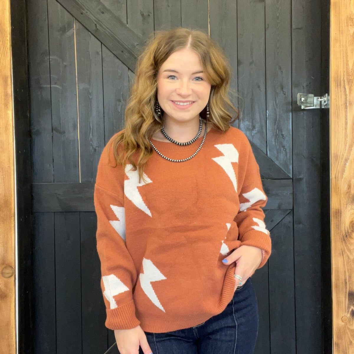 Rust & Ivory Lightning Bolt Sweater - Country Lace Boutique