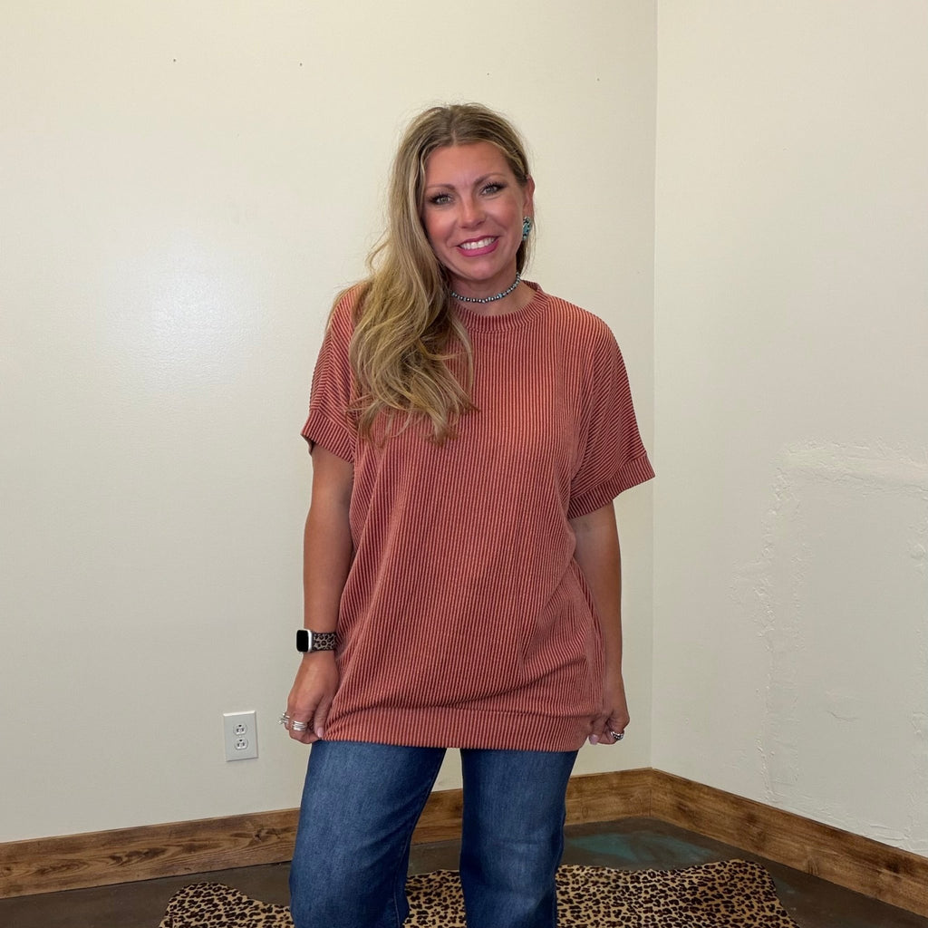 Rust Orange Ribbed Oversized Round Neck Short Sleeve Shirt - Country Lace Boutique