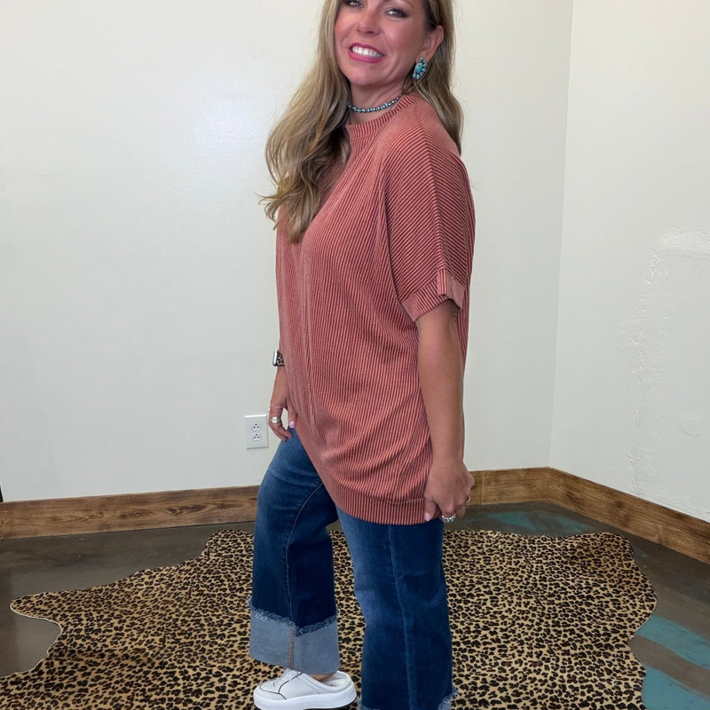 Rust Orange Ribbed Oversized Round Neck Short Sleeve Shirt - Country Lace Boutique