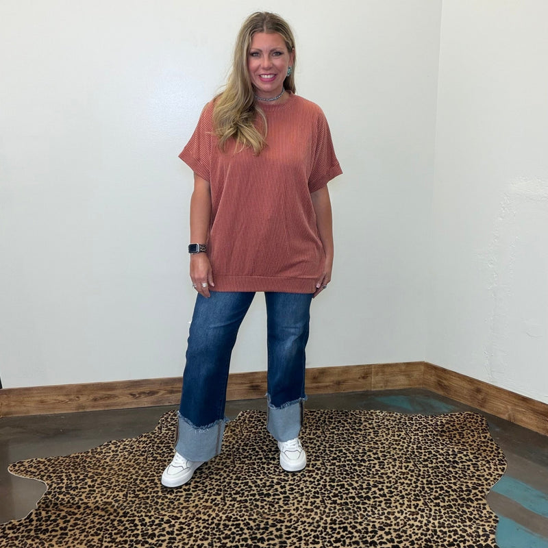 Rust Orange Ribbed Oversized Round Neck Short Sleeve Shirt - Country Lace Boutique