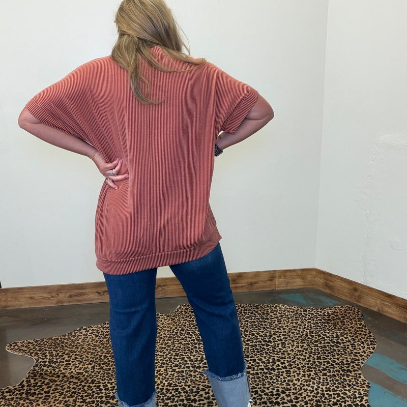 Rust Orange Ribbed Oversized Round Neck Short Sleeve Shirt - Country Lace Boutique