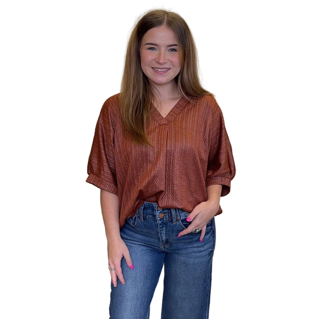 Rust Orange w/ Foil V Neck Bubble Short Sleeve Top - Country Lace Boutique