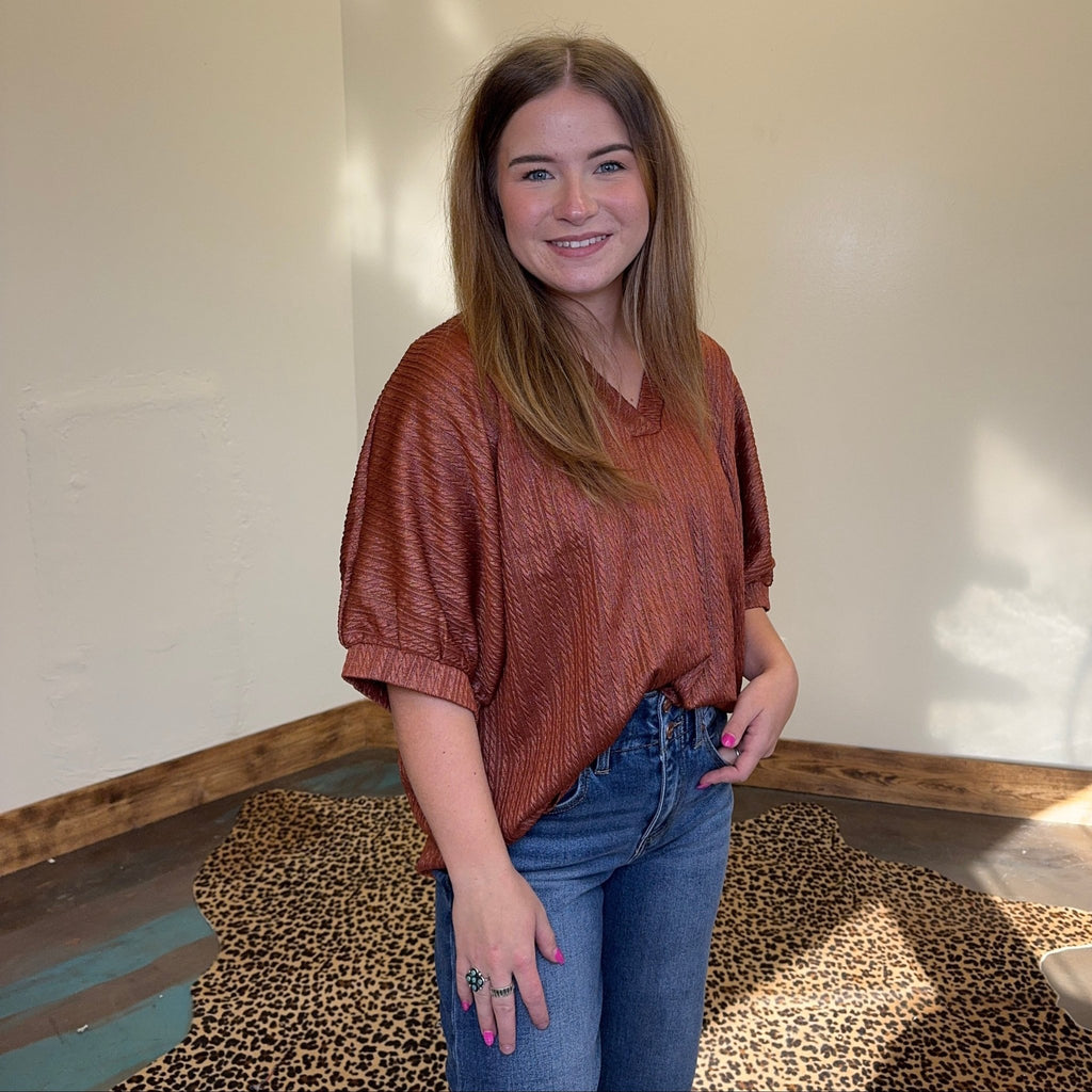 Rust Orange w/ Foil V Neck Bubble Short Sleeve Top - Country Lace Boutique