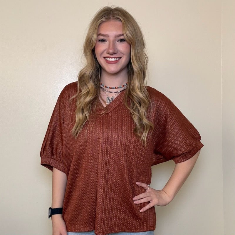 Rust Orange w/ Foil V Neck Bubble Short Sleeve Top - Country Lace Boutique