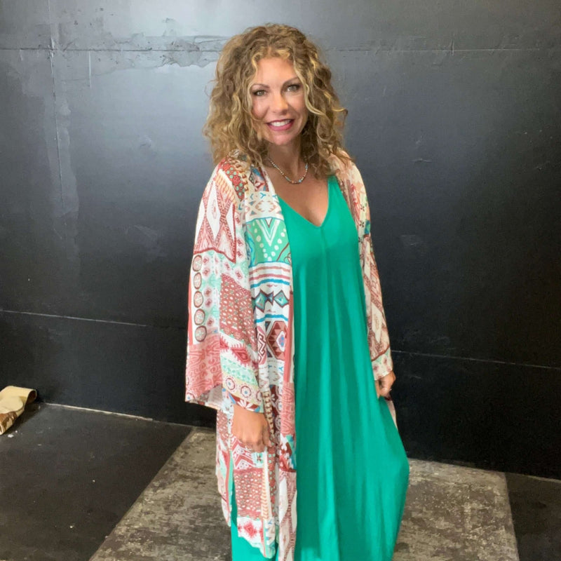 Rust Peach & Turquoise Multi Patterned Kimono Cardigan - Country Lace Boutique