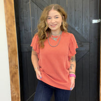 Rust Ribbed Flutter Sleeve Shirt - Country Lace Boutique