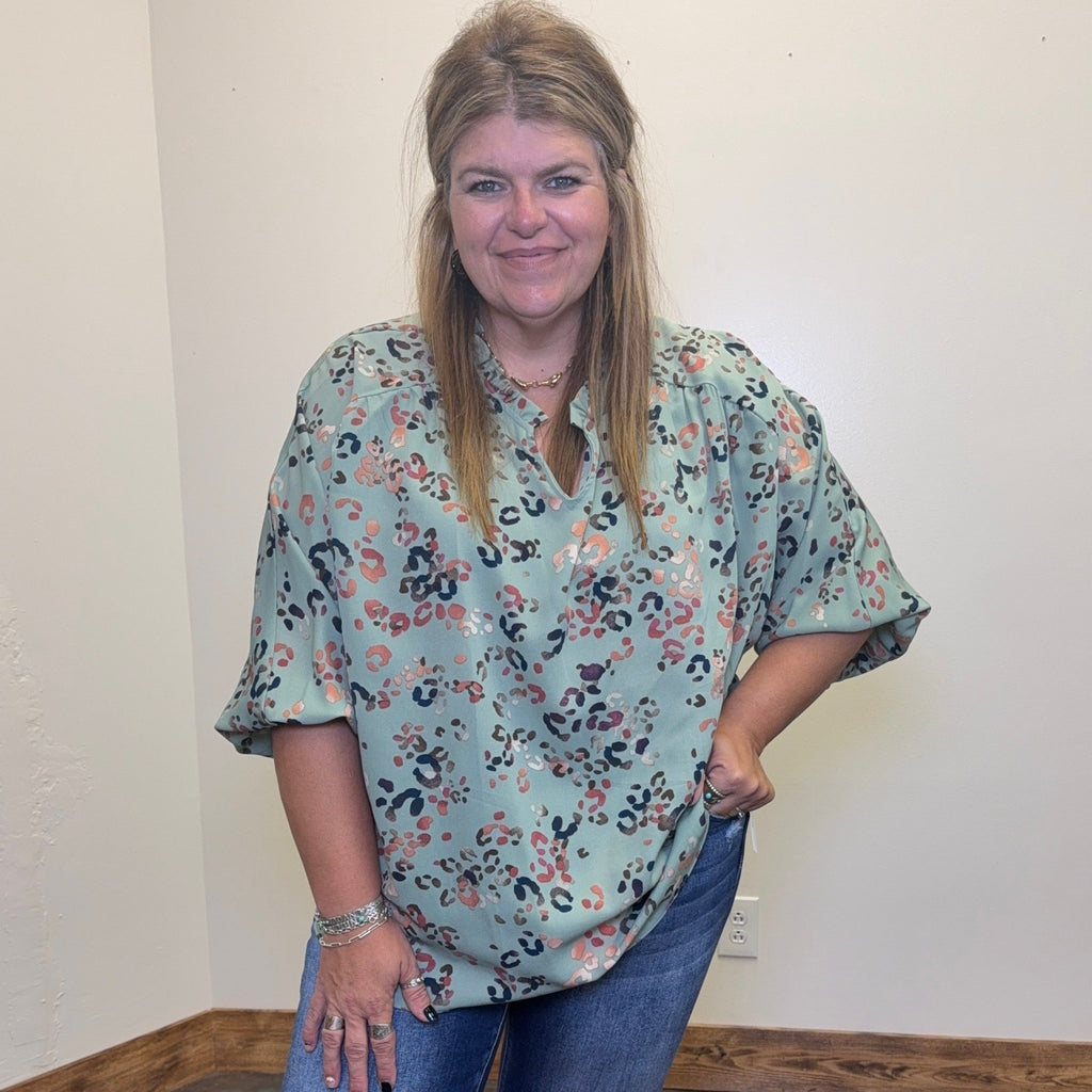 Sage Green Leopard V Neck with Shirring Top - Country Lace Boutique