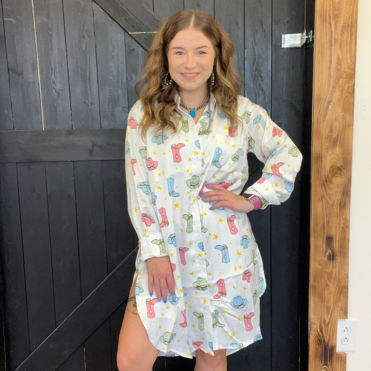 Satin Cowboy Hat Boots Print Button Up Pocket Front Tunic/Dress - Country Lace Boutique