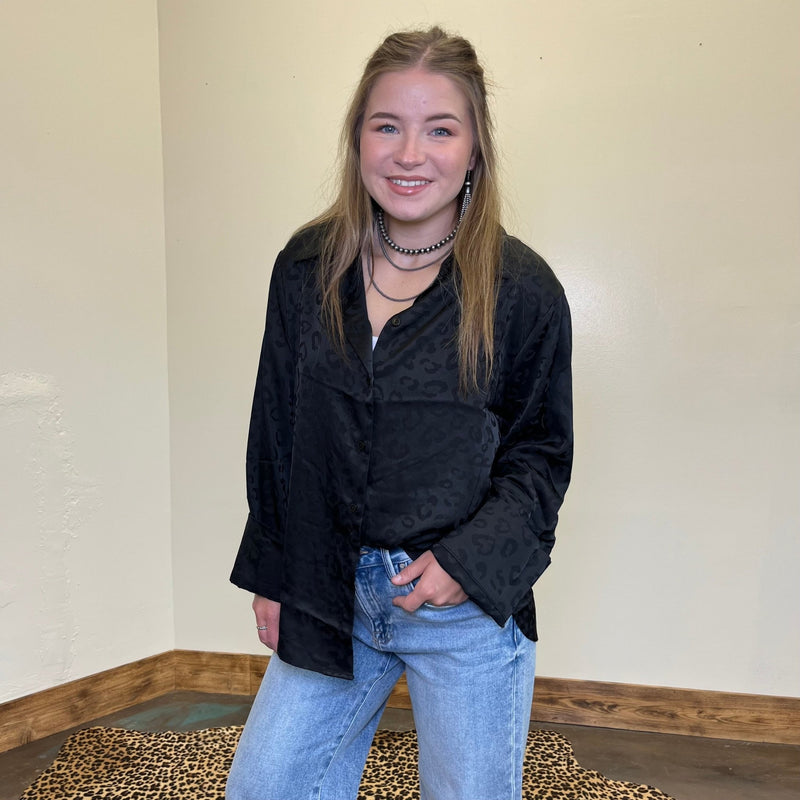 Silky Black Leopard Long Sleeve Button Up Top - Country Lace Boutique