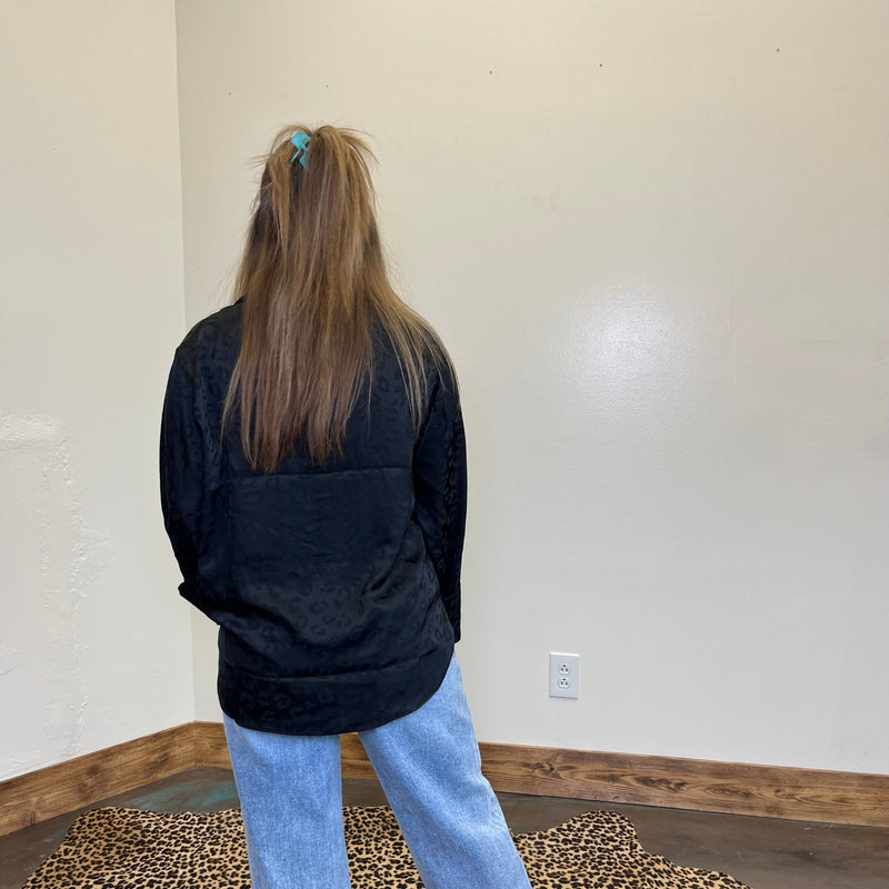 Silky Black Leopard Long Sleeve Button Up Top - Country Lace Boutique