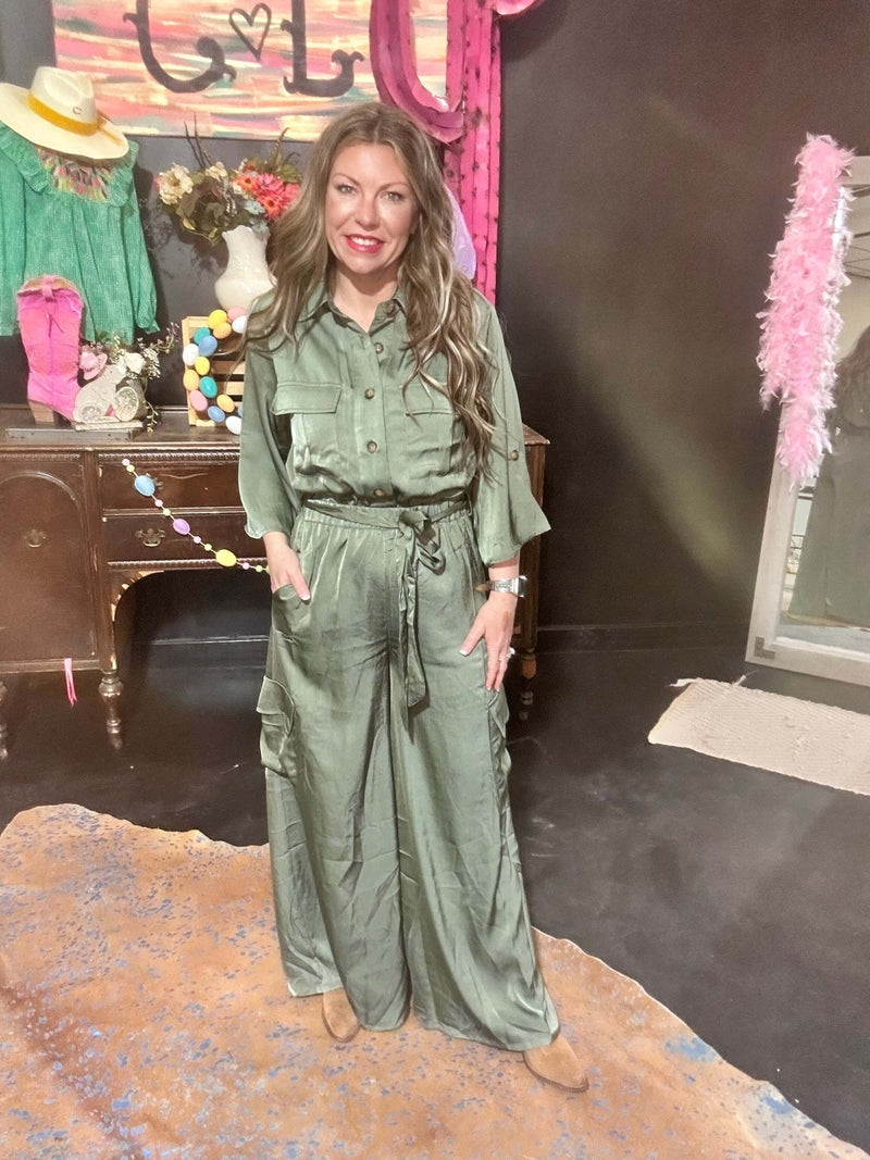 Silky Sage Gree 3/4 length sleeve Romper Jumpsuit - Country Lace Boutique