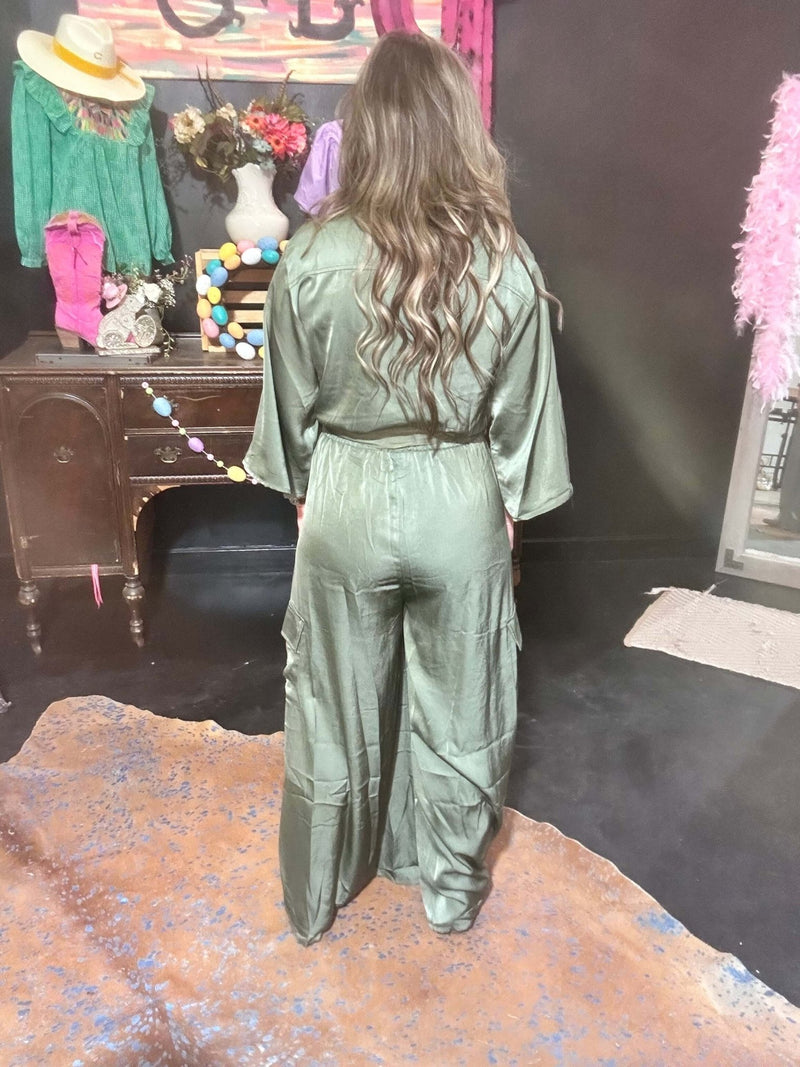 Silky Sage Green 3/4 length sleeve Romper Jumpsuit size large Silky Sage Green 3/4 length sleeve Romper Jumpsuit size large
