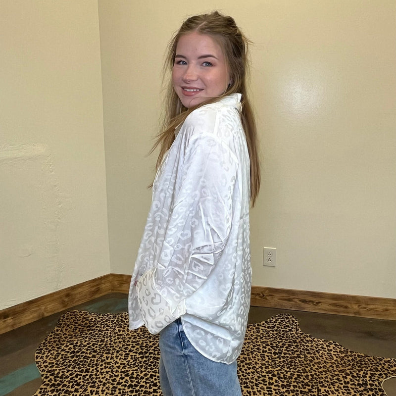 Silky White Leopard Long Sleeve Button Up Top - Country Lace Boutique