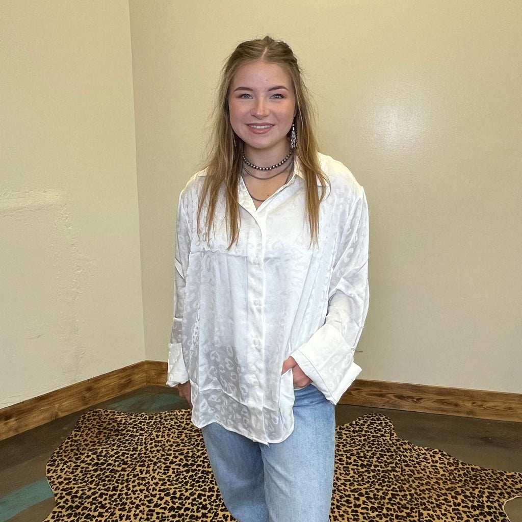 Silky White Leopard Long Sleeve Button Up Top - Country Lace Boutique
