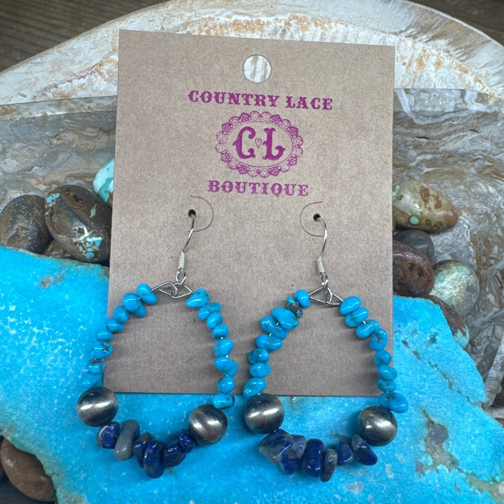 Sleeping Beauty with Lapis Chips & 8mm Pearls Sterling Silver French Hook Earrings - Country Lace Boutique