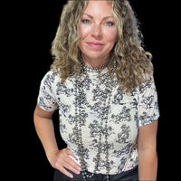 Small Buckinghorse White/Black Mesh shortsleeve Top - Country Lace Boutique