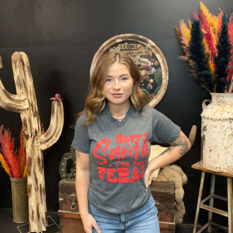 Sorry Santa I've Been Feral Heather Graphite Grey with Red V Neck T-shirt - Country Lace Boutique