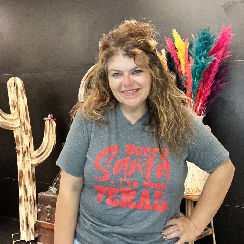 Sorry Santa I've Been Feral Heather Graphite Grey with Red V Neck T-shirt - Country Lace Boutique