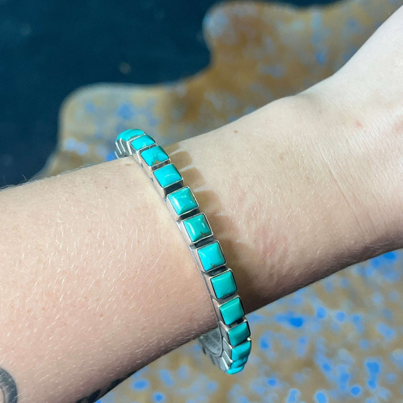 Square Green Turquoise Kingman Bangle Sterling Silver Bracelet - Country Lace Boutique