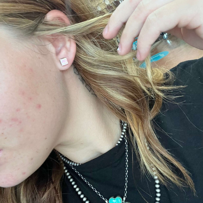 Square Light Pink Opal Stud Sterling Silver Earring - Country Lace Boutique