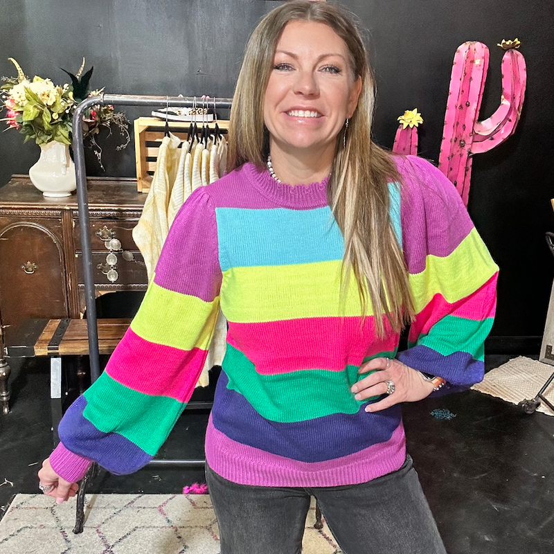 Bright Multi-Colored Ruffle Sleeve Striped Sweater