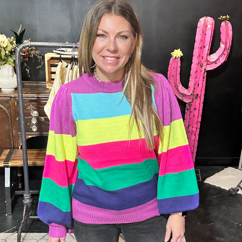 Bright Multi-Colored Ruffle Sleeve Striped Sweater Top