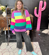 Bright Multi-Colored Ruffle Sleeve Striped Sweater Top