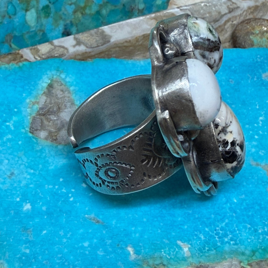 Stunning 3 Stone White Buffalo Adjustable Sterling Silver Ring - Country Lace Boutique