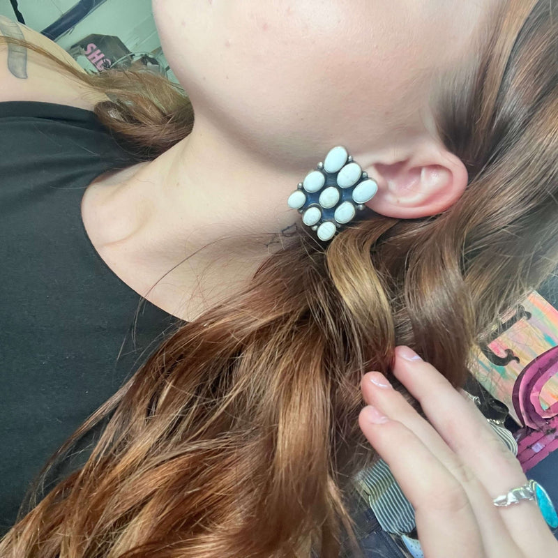 Stunning 9 Stone White Buffalo Post Stud Sterling Silver Earring - Country Lace Boutique