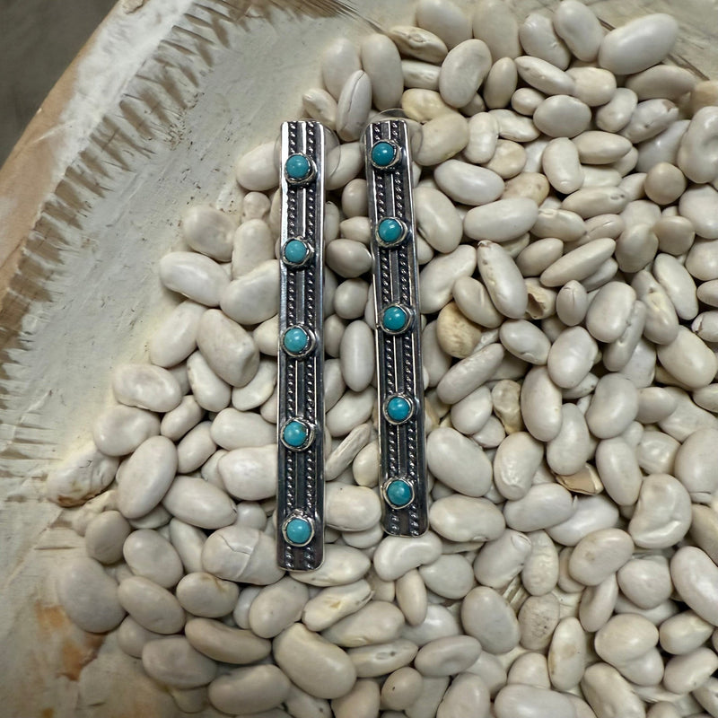 Stunning Sterling Silver Long Vertical with 5 Turquoise Stones Post Earring - Country Lace Boutique