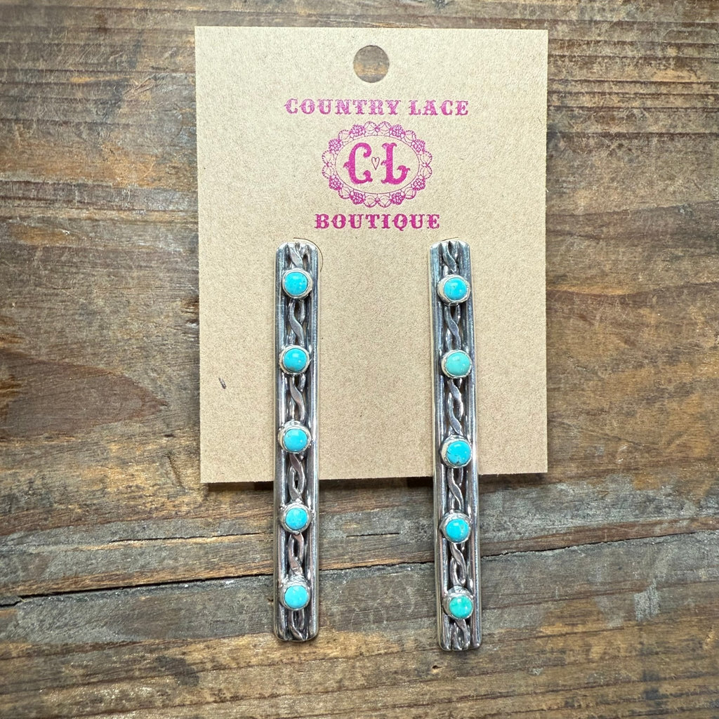 Stunning Sterling Silver Long Vertical with 5 Turquoise Stones Post Earring - Country Lace Boutique