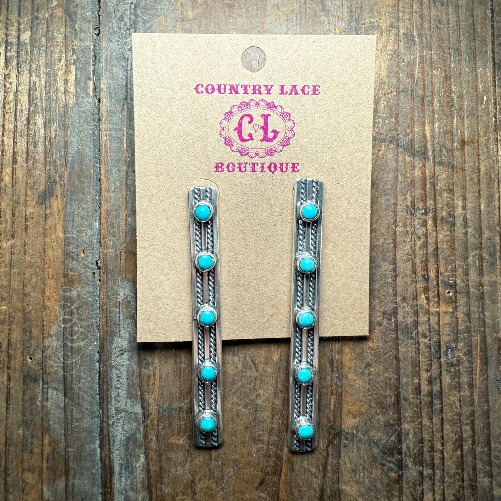 Stunning Sterling Silver Long Vertical with 5 Turquoise Stones Post Earring - Country Lace Boutique