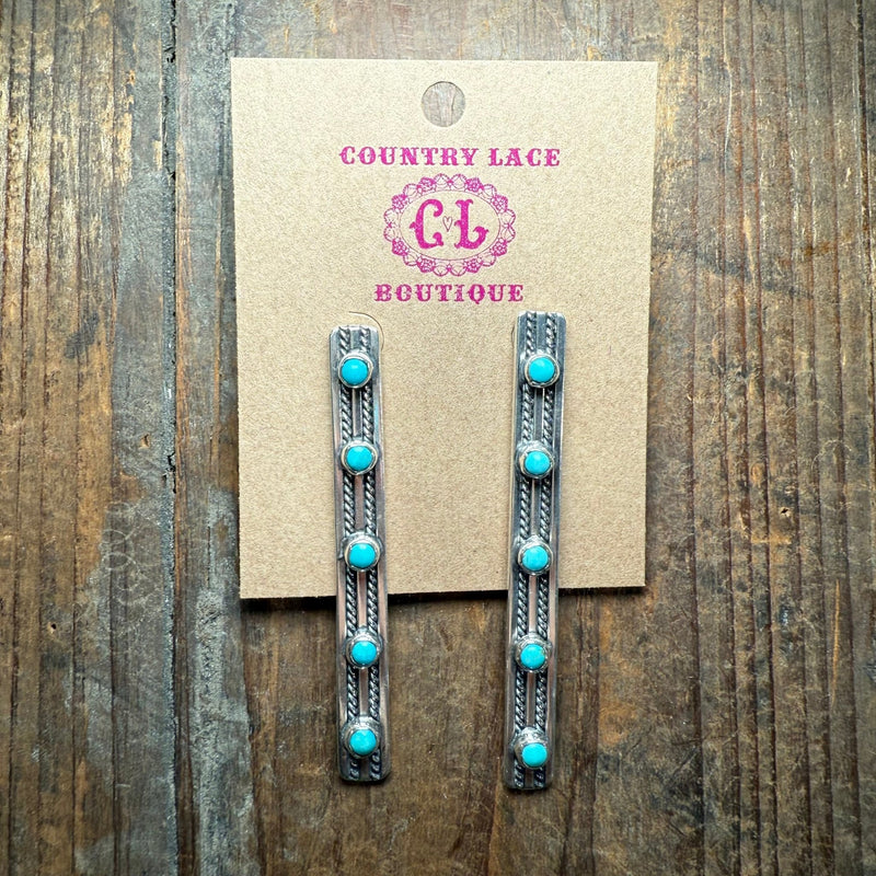 Stunning Sterling Silver Long Vertical with 5 Turquoise Stones Post Earring - Country Lace Boutique