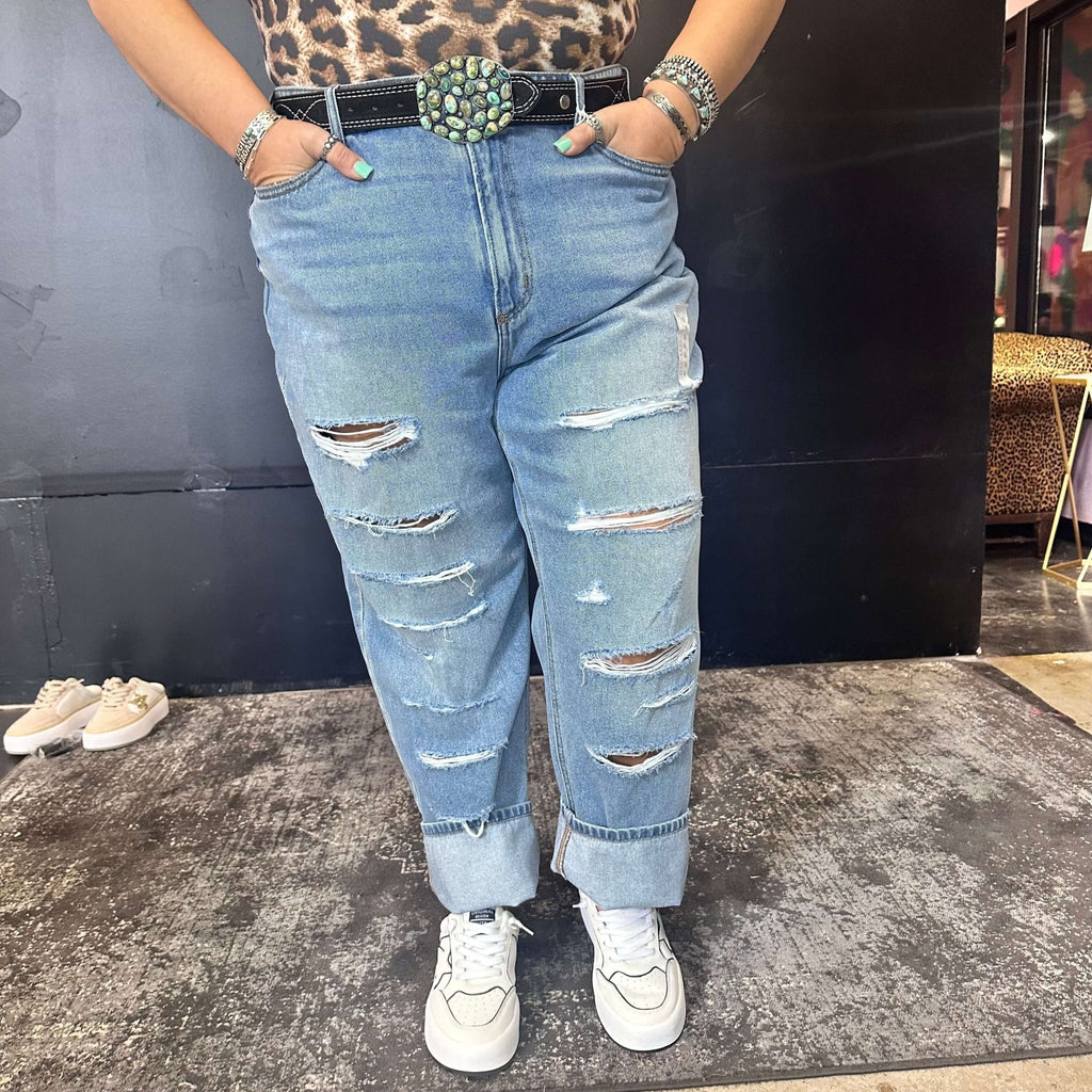 Super Distressed Cello Lightwash Boyfriend Leg Plus Size Jean - Country Lace Boutique