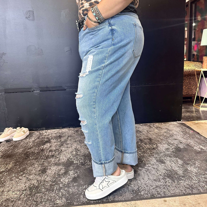 Super Distressed Cello Lightwash Boyfriend Leg Plus Size Jean - Country Lace Boutique
