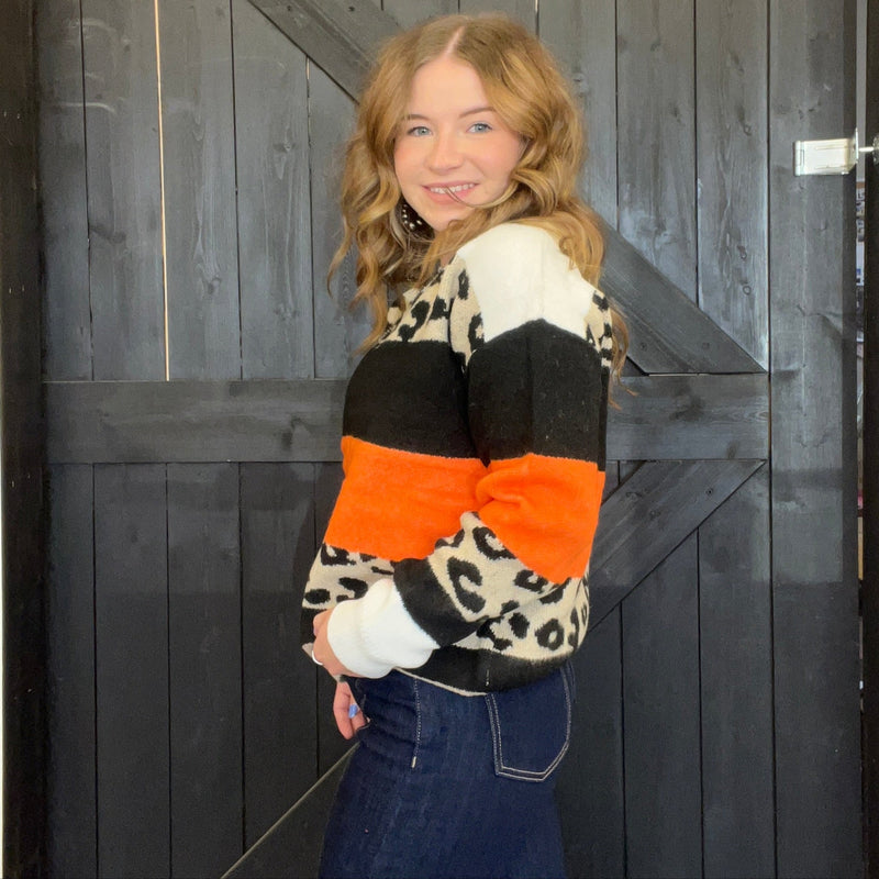 Super Soft Orange & Leopard Striped Sweater - Country Lace Boutique