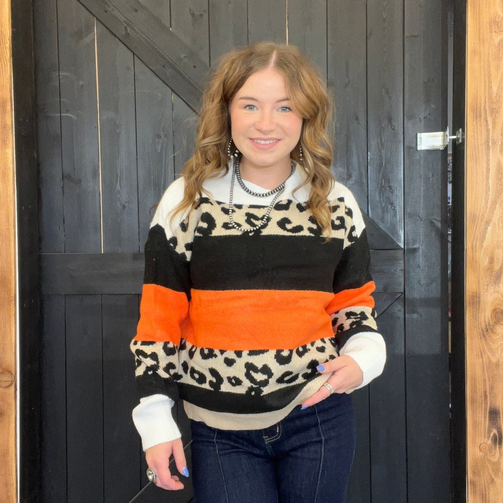 Super Soft Orange & Leopard Striped Sweater - Country Lace Boutique