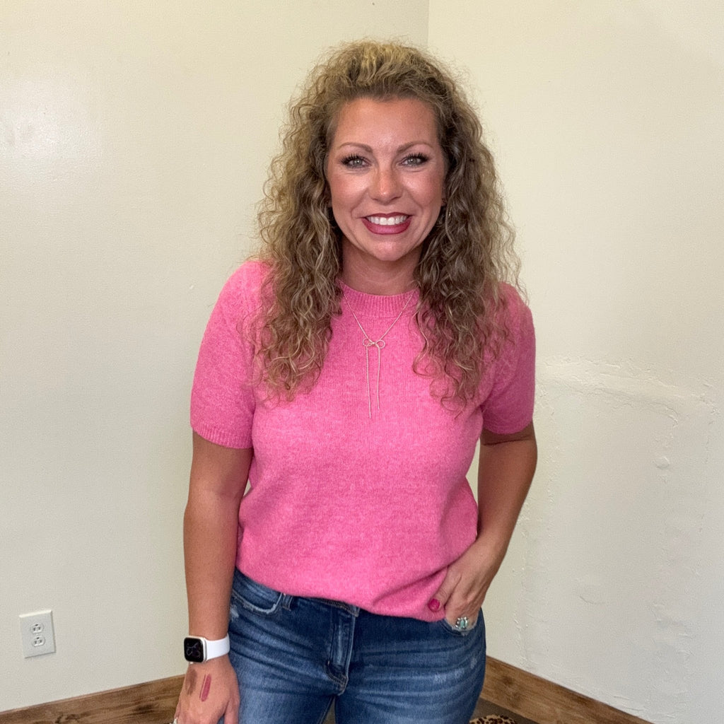 Super Soft Pink Short Sleeve Crew Neck Sweater - Country Lace Boutique