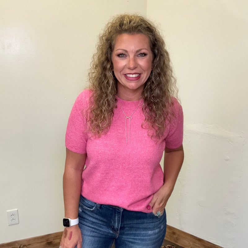 Super Soft Pink Short Sleeve Crew Neck Sweater - Country Lace Boutique