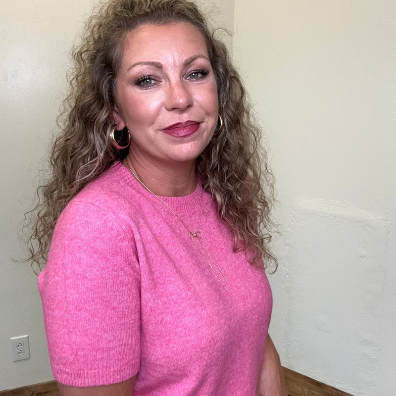 Super Soft Pink Short Sleeve Crew Neck Sweater - Country Lace Boutique